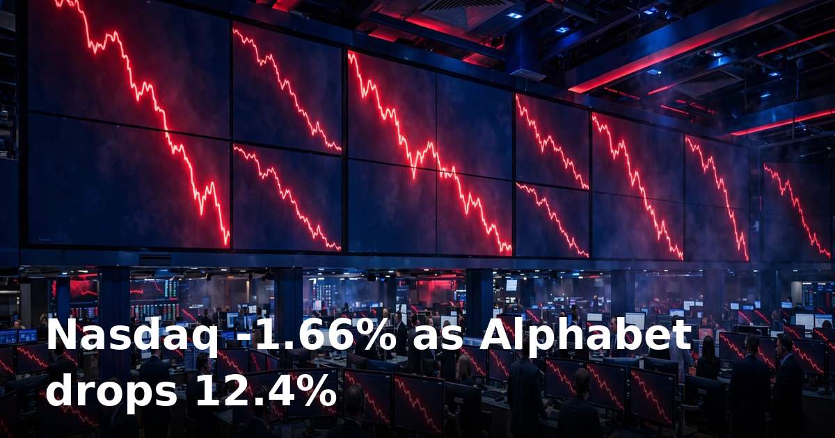 Trading floor screens showing falling red charts and Nasdaq Alphabet headline