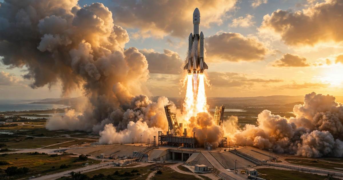 A large rocket lifting off its launch pad amid huge smoke plumes