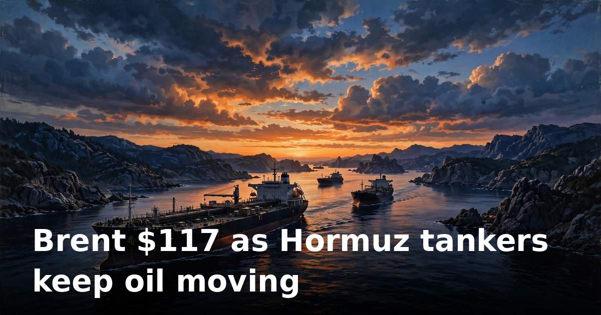 Oil tankers crossing a narrow strait at dusk with a price chart rising beside them