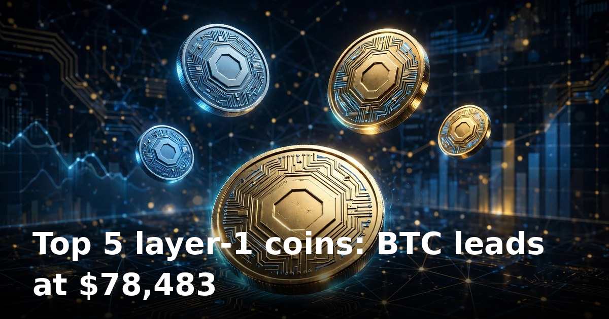 Five glowing cryptocurrency coins arranged over a dark blockchain network background